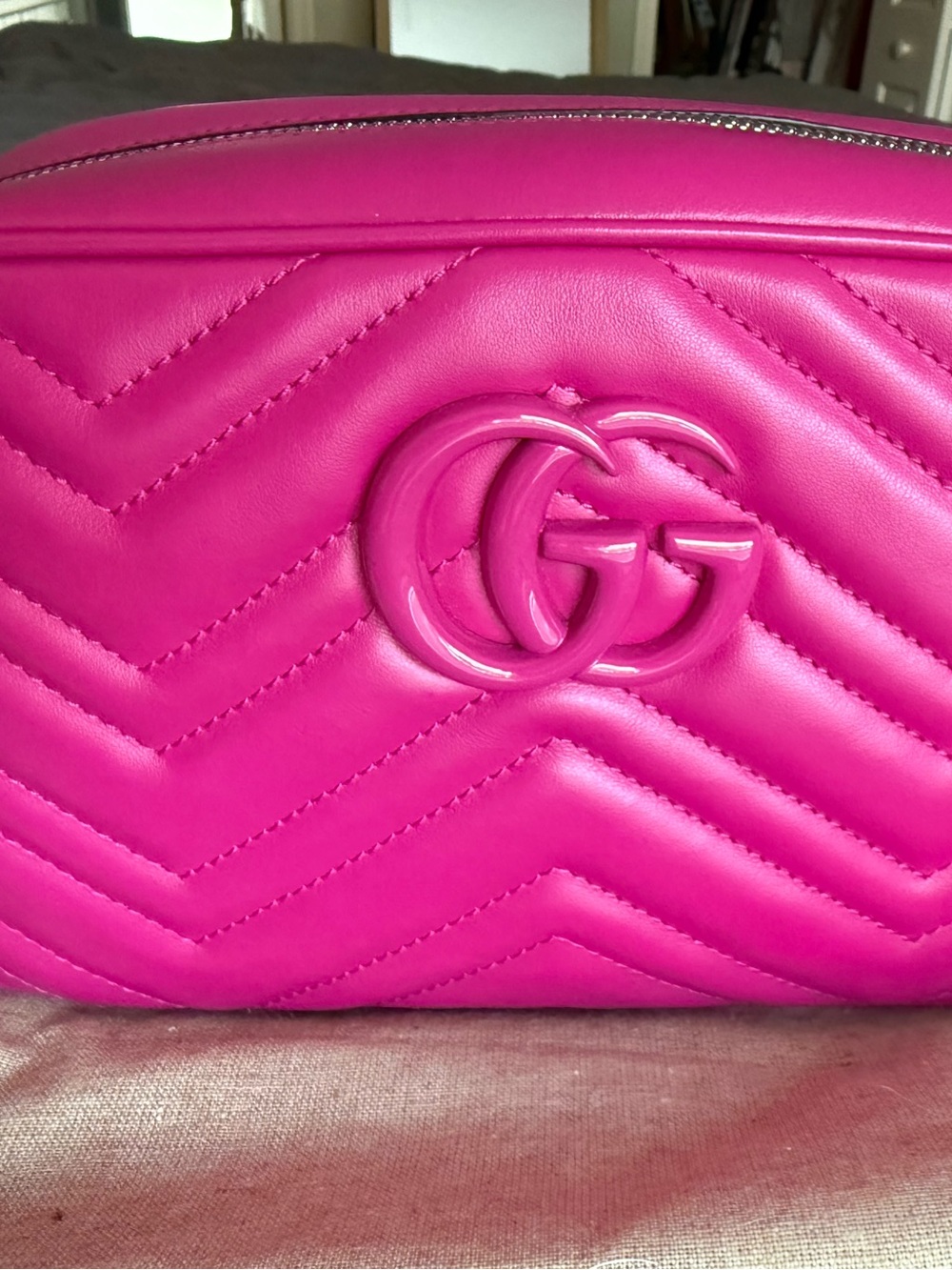 Gucci Hot Pink GG Marmot Limited Edition Chevron Leather Crossbody Camera Bag